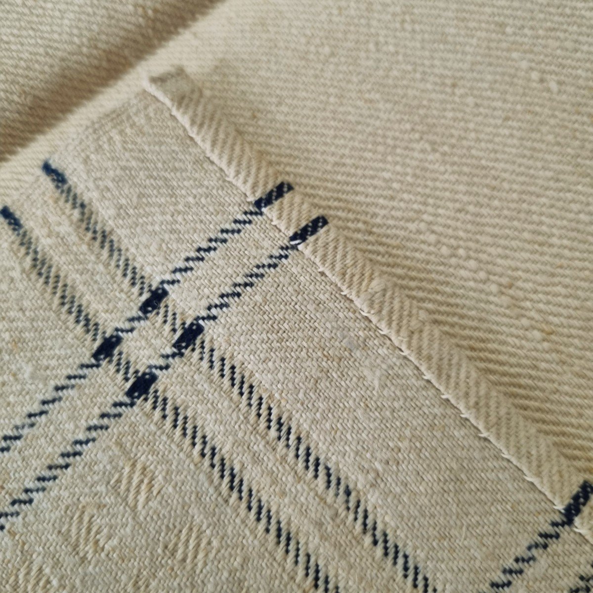 5 Linen Tea Towels With Blue Stripes Monogrammed Js, Late 19th Century-photo-2