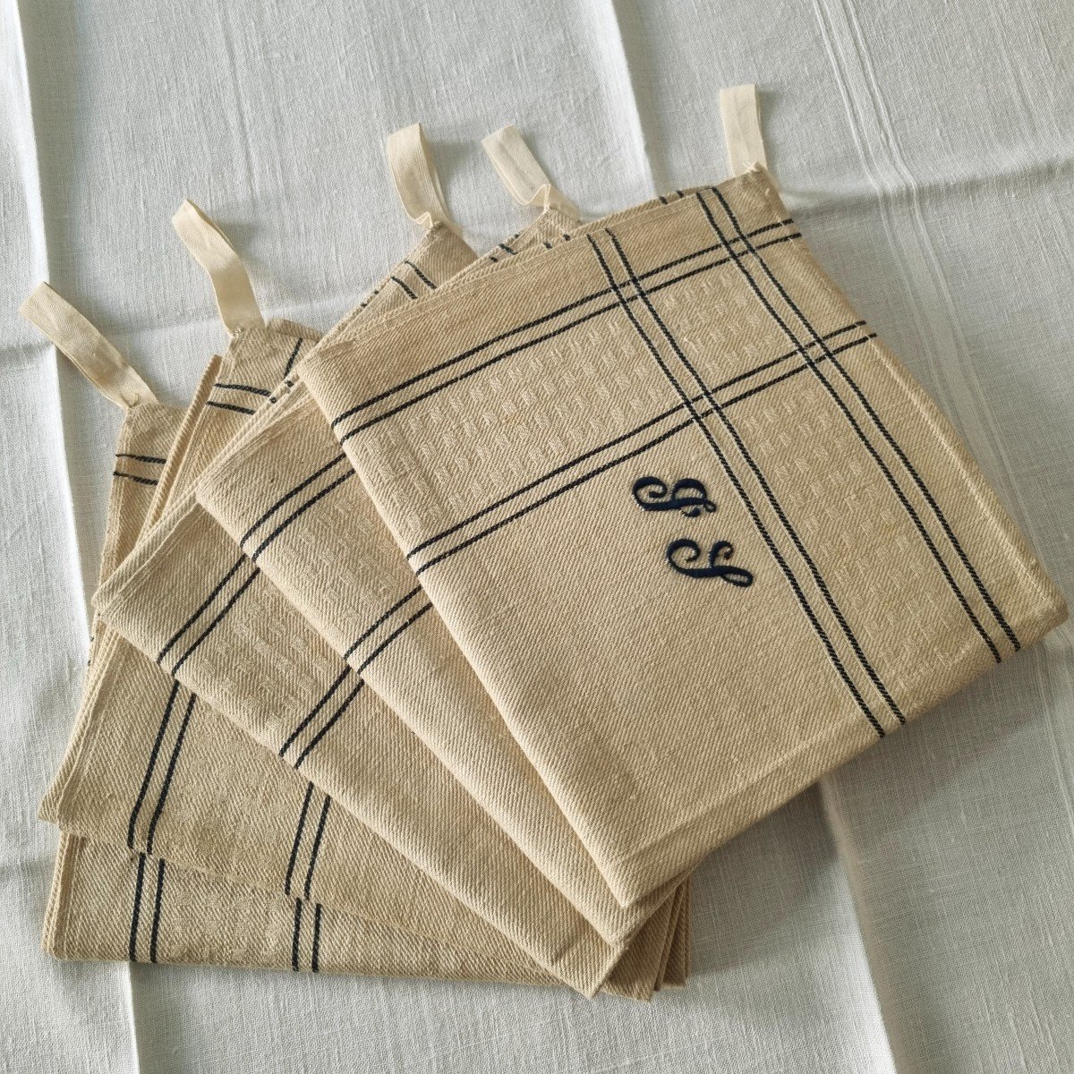 5 Linen Tea Towels With Blue Stripes Monogrammed Js, Late 19th Century-photo-4