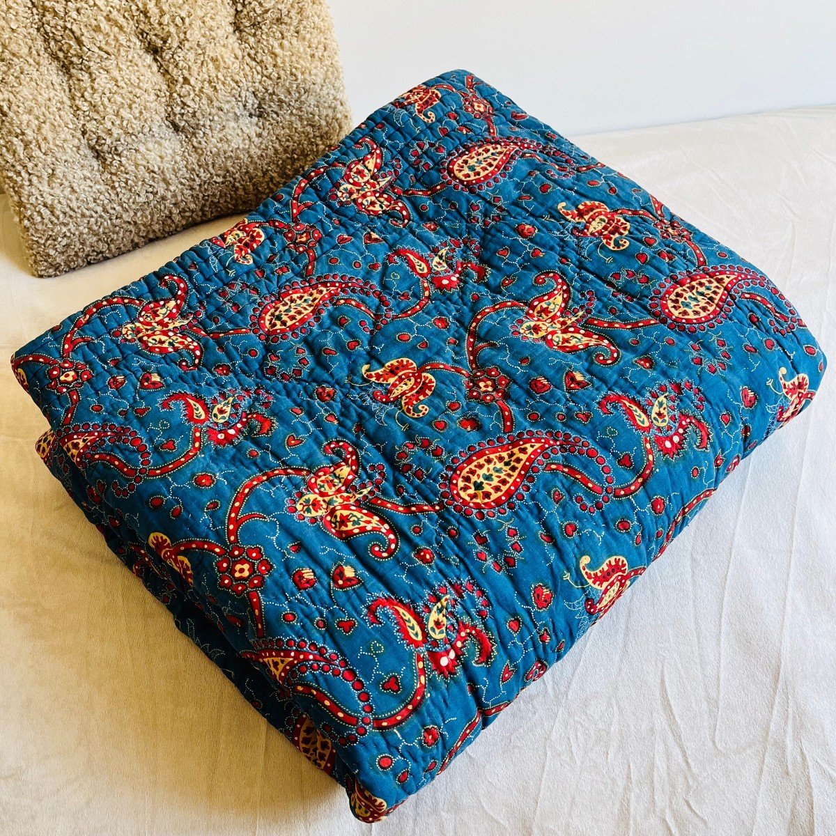 Mulhouse Canvas Quilt With Indigo Background, Early 19th Century
