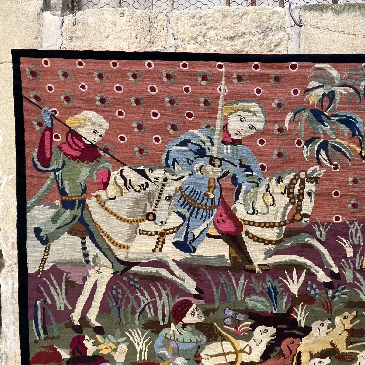Tapisserie "chasse au sanglier", style troubadour, au gros point, circa 1950-photo-2