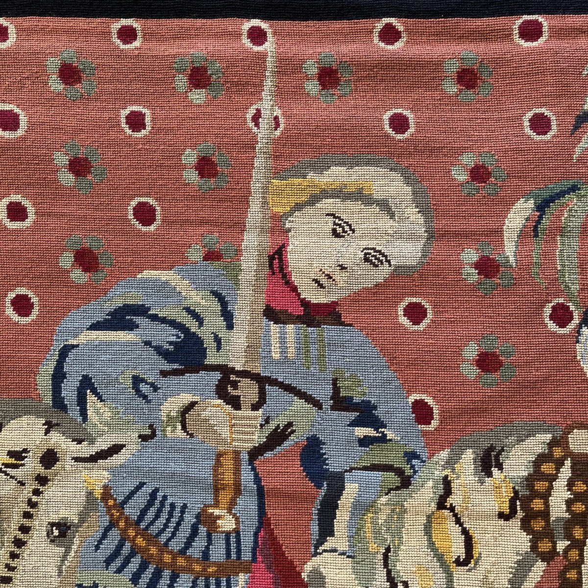 Tapisserie "chasse au sanglier", style troubadour, au gros point, circa 1950-photo-2