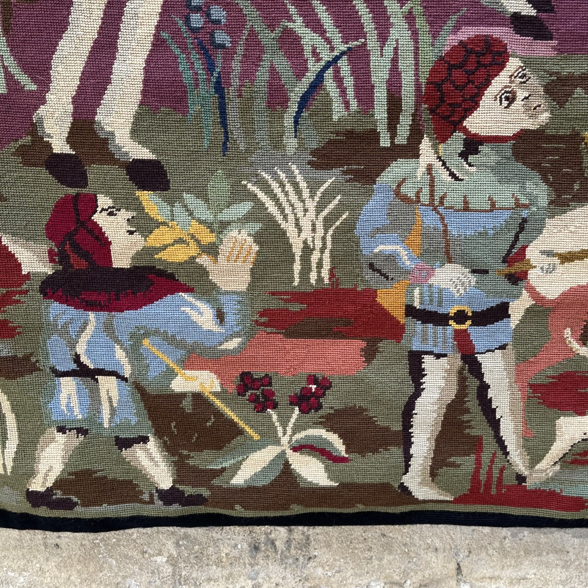 Tapisserie "chasse au sanglier", style troubadour, au gros point, circa 1950-photo-6