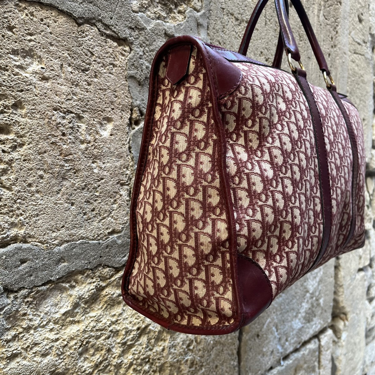 Sac Christian Dior en toile jacquard oblique et cuir bordeaux, années 70-photo-2