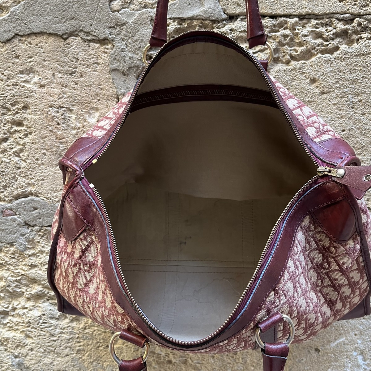 Sac Christian Dior en toile jacquard oblique et cuir bordeaux, années 70-photo-2