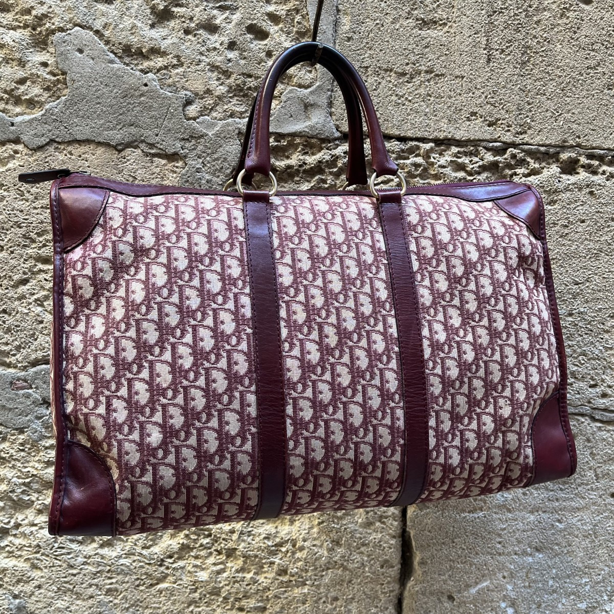 Sac Christian Dior en toile jacquard oblique et cuir bordeaux, années 70-photo-4