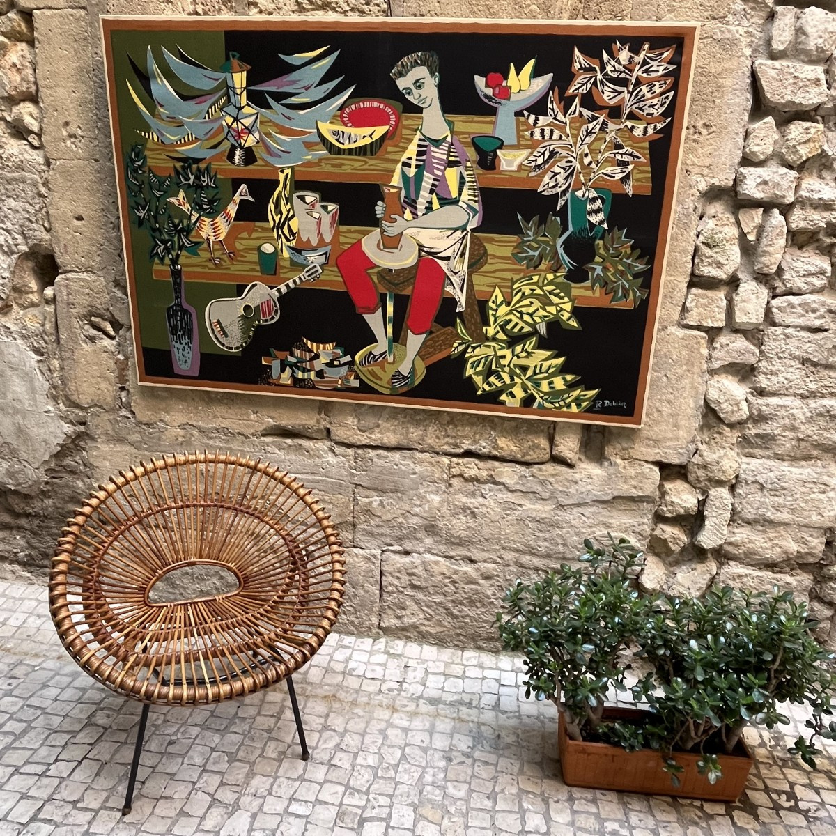 Tapisserie sérigraphie "le potier" de Robert Debieve circa 1950-photo-8
