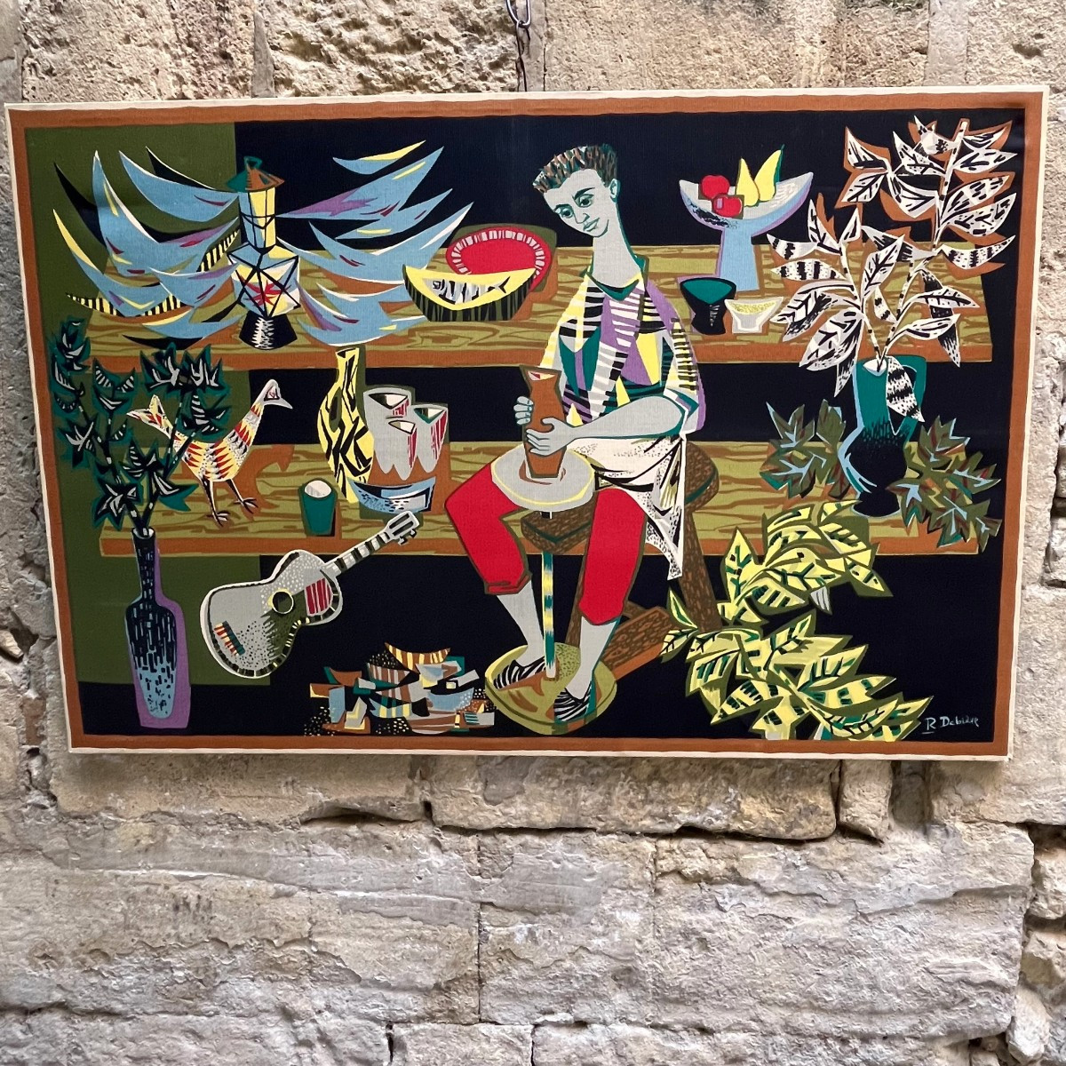 Tapisserie sérigraphie "le potier" de Robert Debieve circa 1950