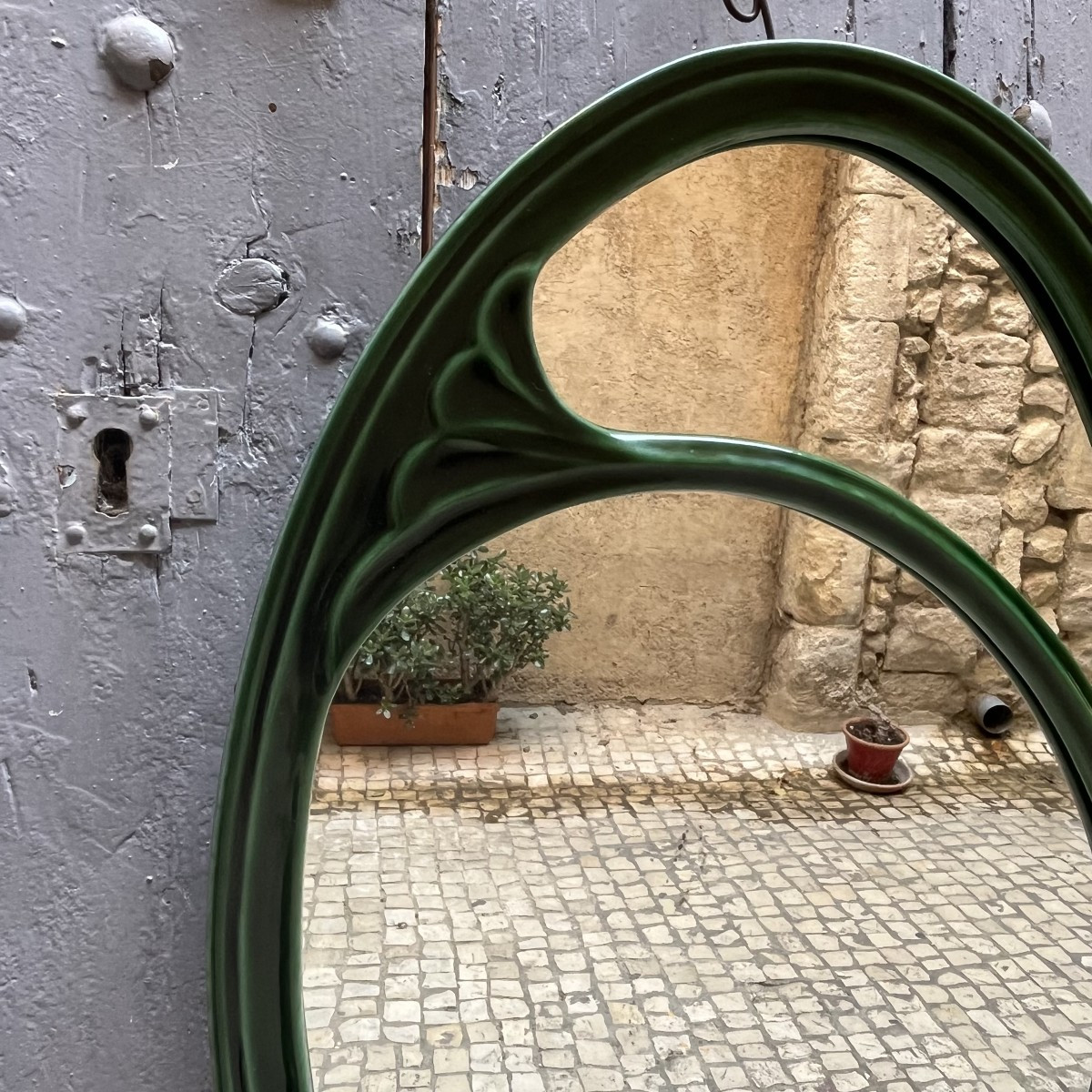Green Oval Mirror In Enamelled Cast Iron, Art Nouveau Style, Jugenstill-photo-2