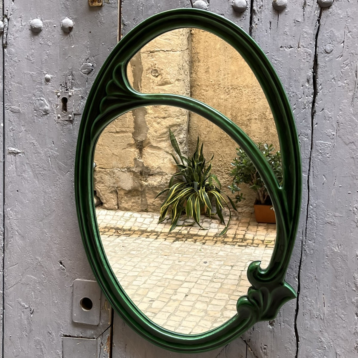 Green Oval Mirror In Enamelled Cast Iron, Art Nouveau Style, Jugenstill-photo-6