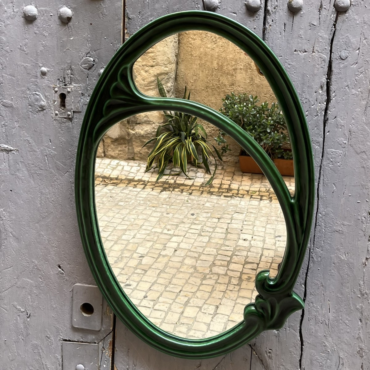 Green Oval Mirror In Enamelled Cast Iron, Art Nouveau Style, Jugenstill