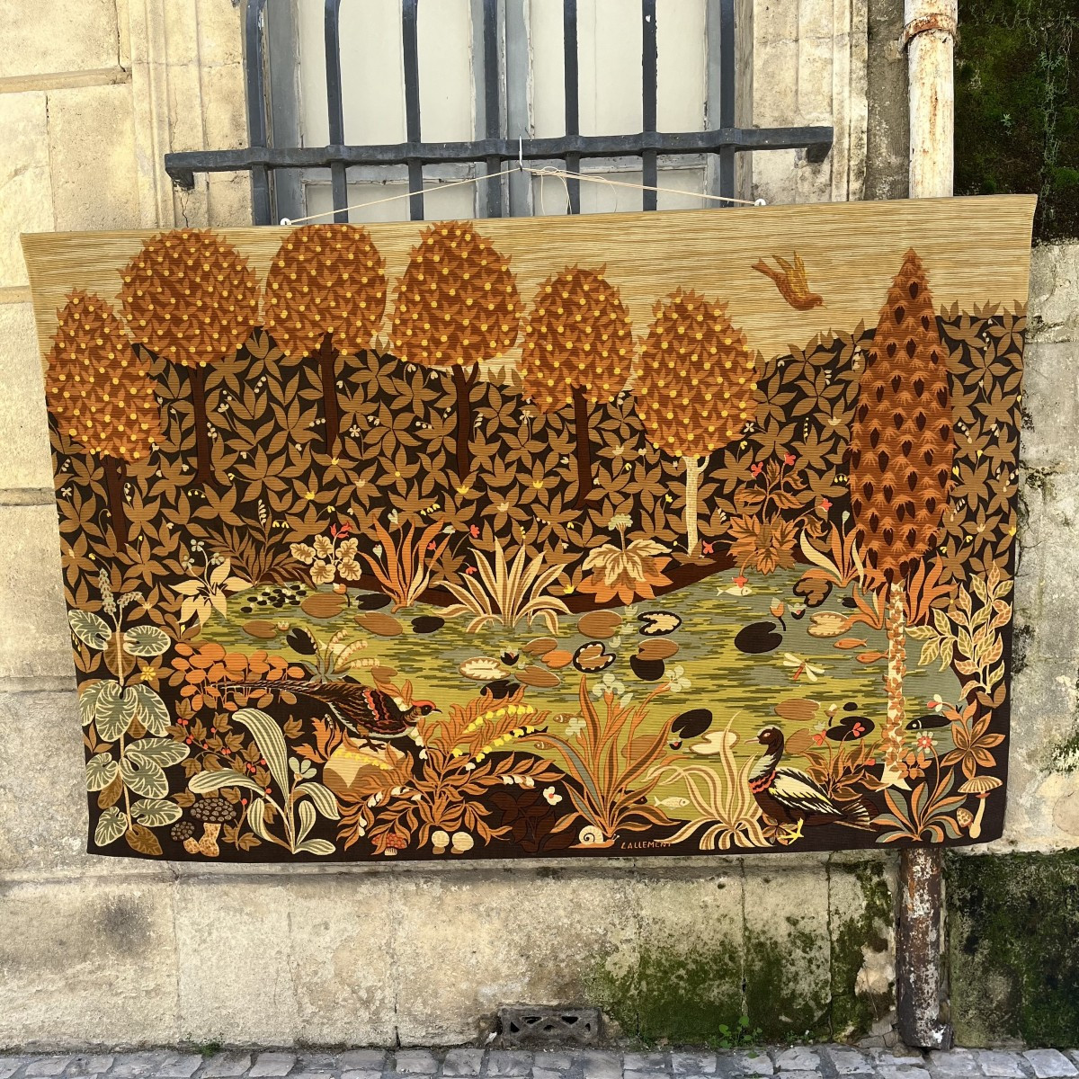 Tapisserie sérigraphie "Étang ” signée Lallement, édition Robert Four à Aubusson, vers 1950-60 