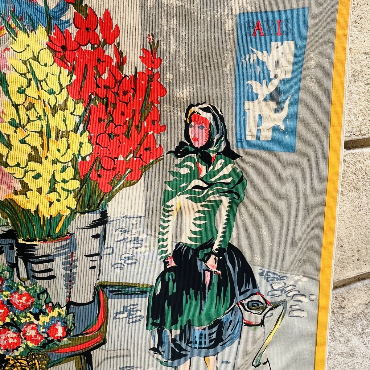 Tapisserie sérigraphie "la marchande de fleurs à Paris" de Forest circa 1950-photo-3