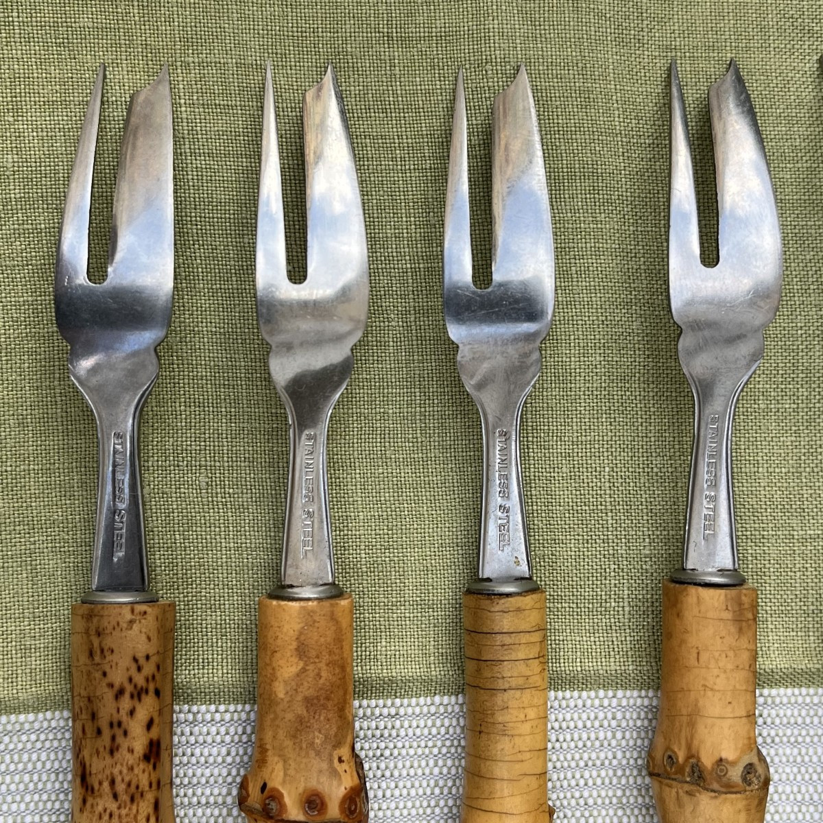 12 Bamboo And Stainless Steel Dessert Forks, Circa 1960-photo-3