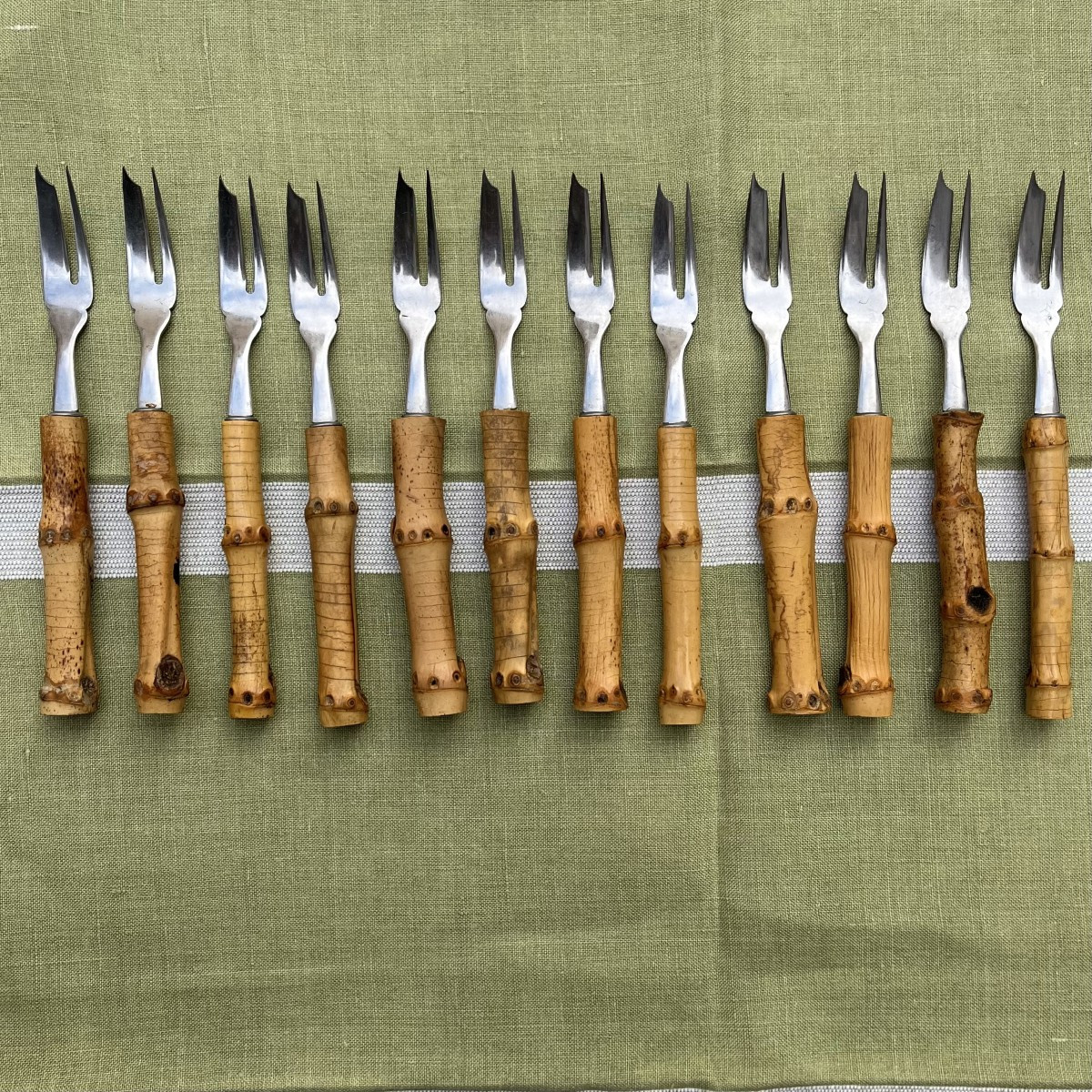 12 Bamboo And Stainless Steel Dessert Forks, Circa 1960