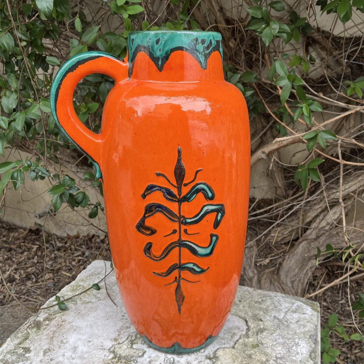 W. Germany Ceramic Vase From The 1950s, Orange And Green-photo-2