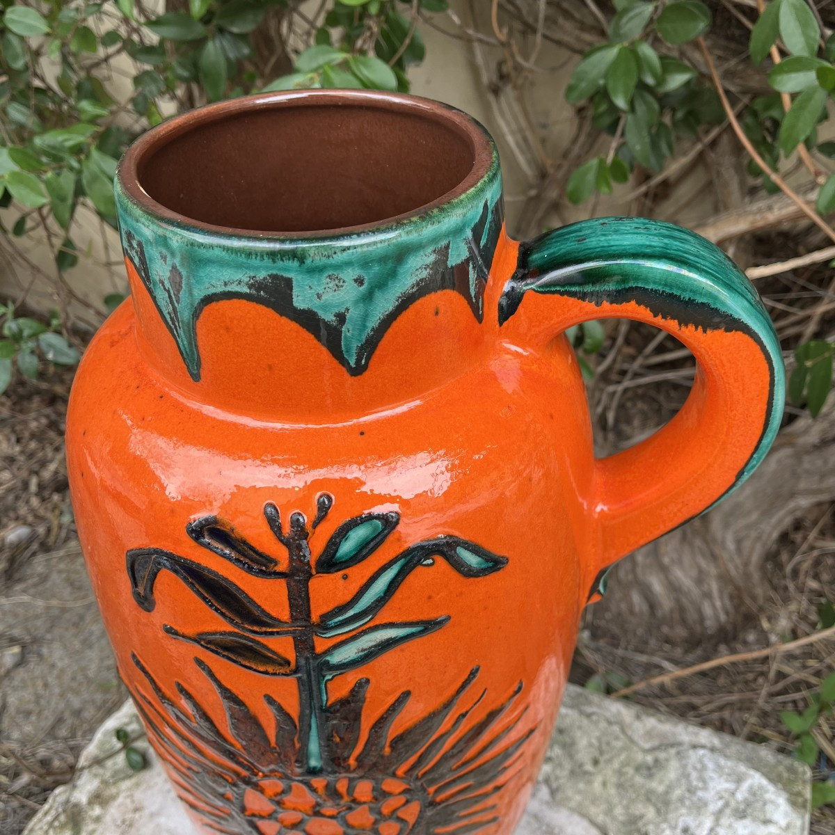 W. Germany Ceramic Vase From The 1950s, Orange And Green-photo-4