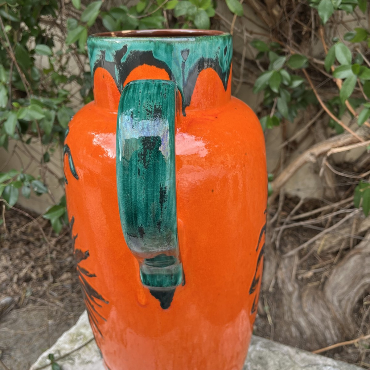 W. Germany Ceramic Vase From The 1950s, Orange And Green-photo-2