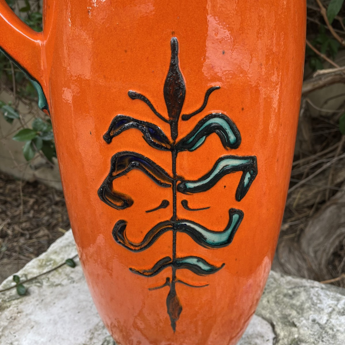 W. Germany Ceramic Vase From The 1950s, Orange And Green-photo-3