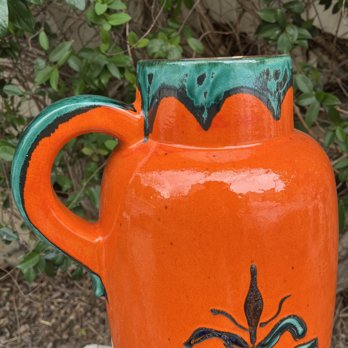 W. Germany Ceramic Vase From The 1950s, Orange And Green-photo-4
