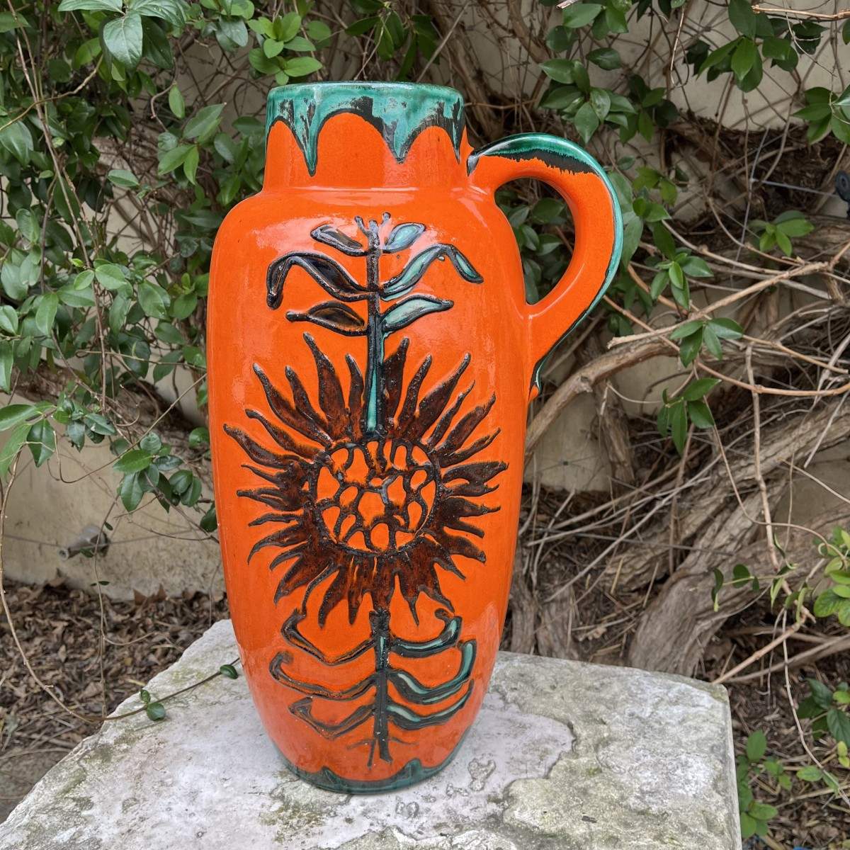 W. Germany Ceramic Vase From The 1950s, Orange And Green