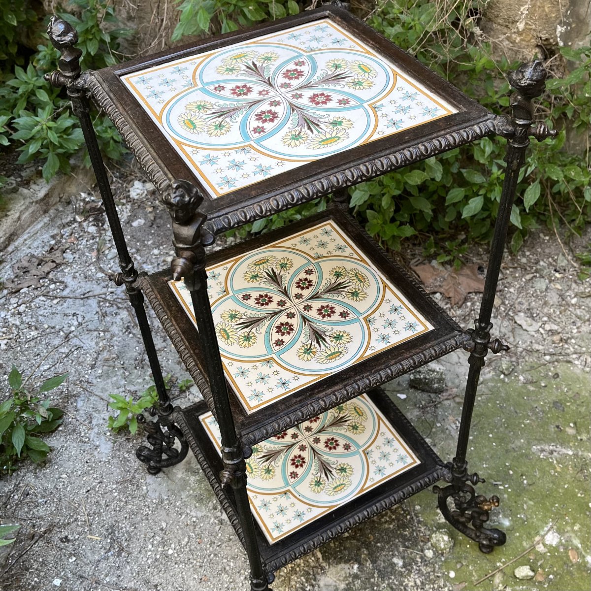 Cast-iron Shelf, Pedestal Table, Or Side Table With Enameled Shelves, 19th Century-photo-2