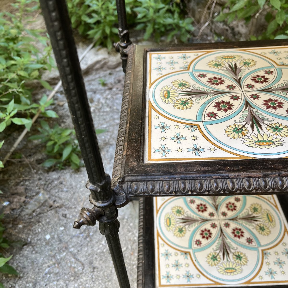 Cast-iron Shelf, Pedestal Table, Or Side Table With Enameled Shelves, 19th Century-photo-4