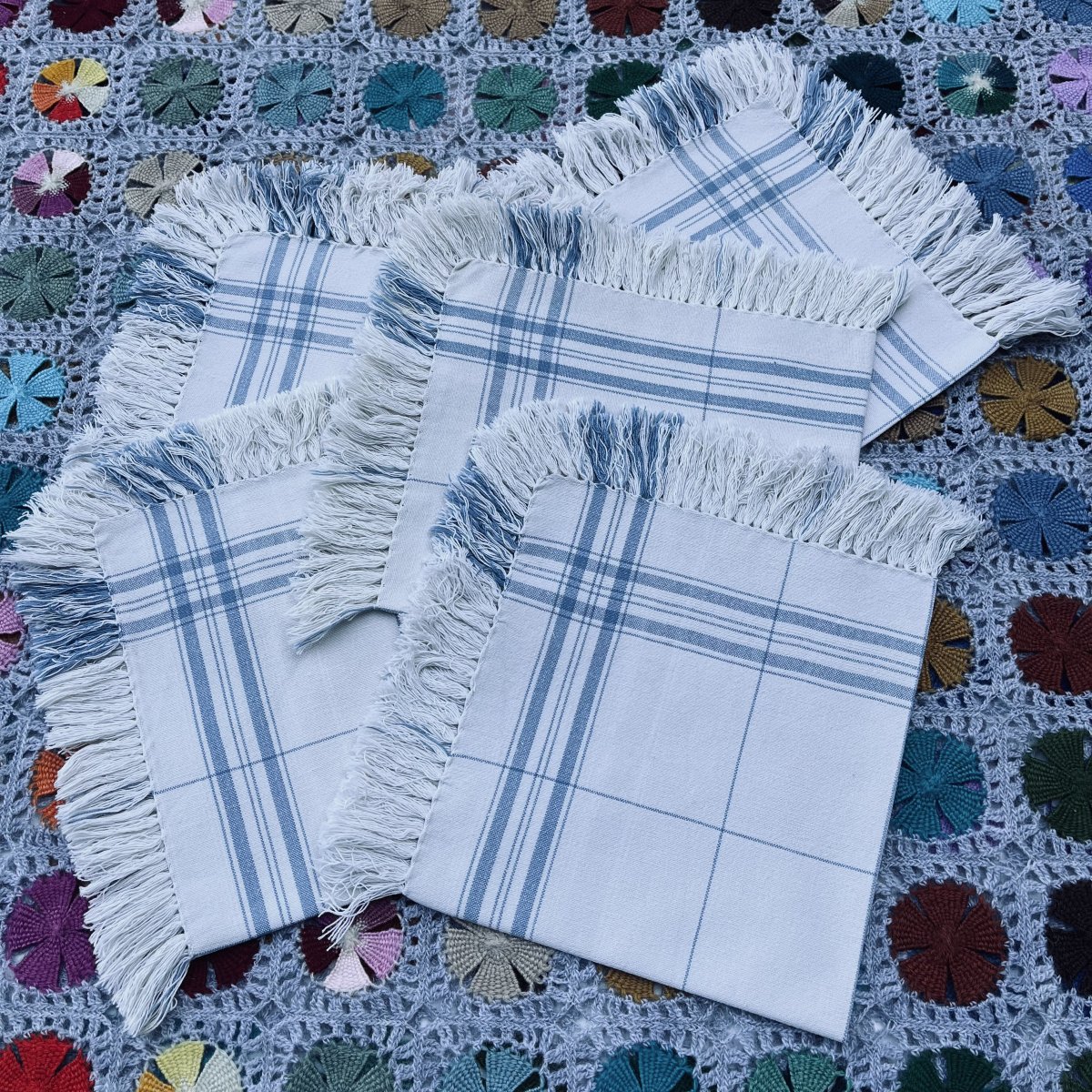 Napkins With Blue Stripes And Fringes 