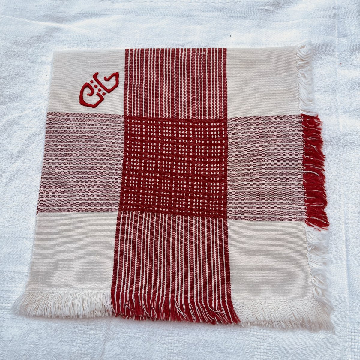 Vintage Napkins With Red Stripes And Fringes, Embroidered With "cg"-photo-1