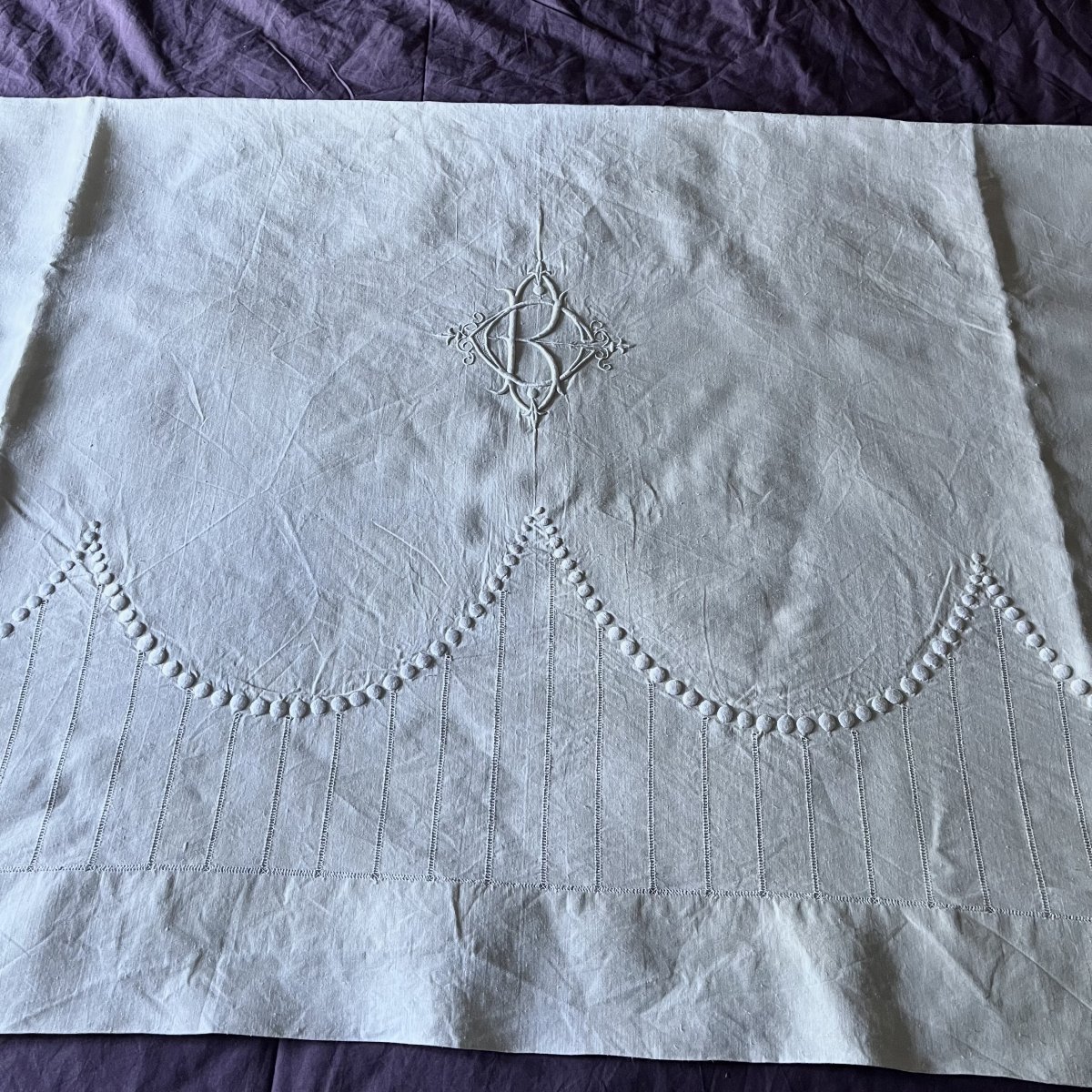 Embroidered Linen Tablecloth, Monogrammed "cb" Or "bc," Circa 1930