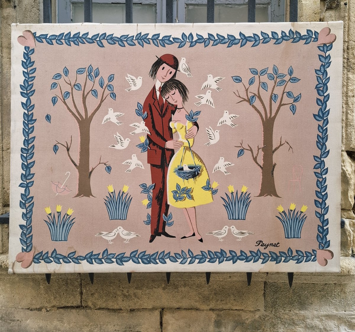 Tapisserie sérigraphie "les amoureux de Peynet", circa 1950