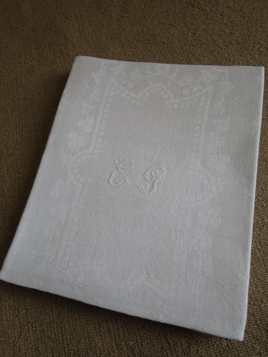  8 serviettes anciennes en lin damassé monogrammées EG et JR vers 1900-photo-2