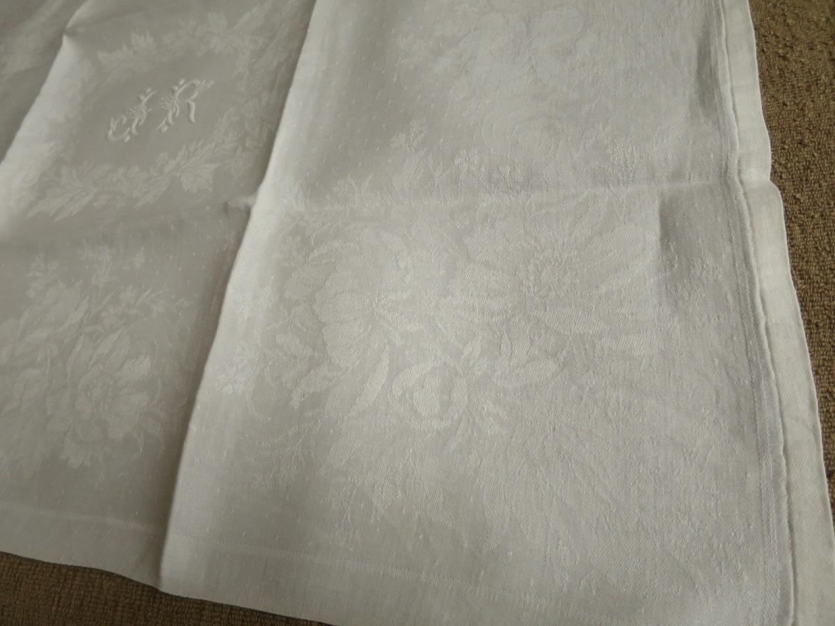  8 serviettes anciennes en lin damassé monogrammées EG et JR vers 1900-photo-5