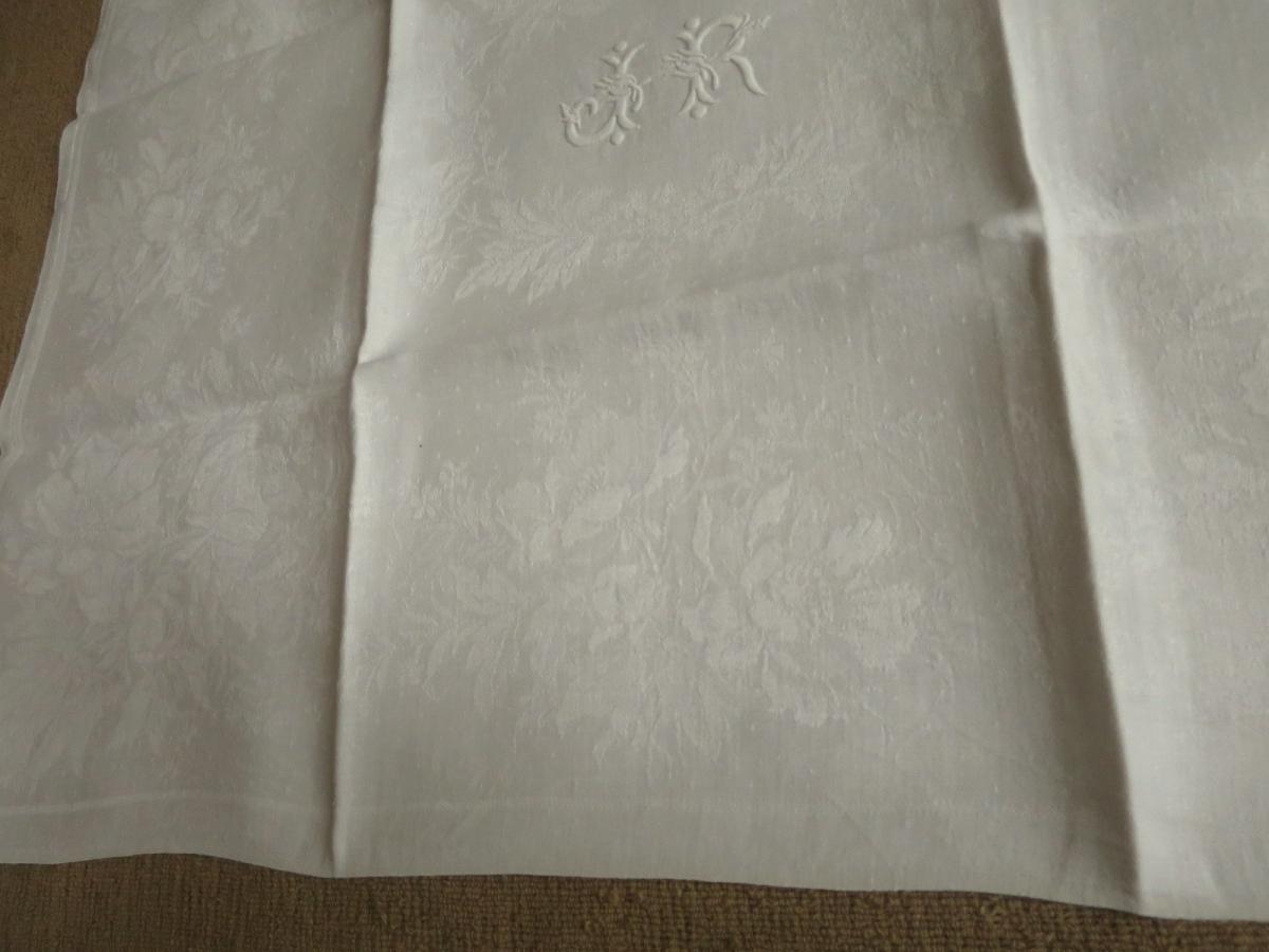 8 serviettes anciennes en lin damassé monogrammées EG et JR vers 1900-photo-6