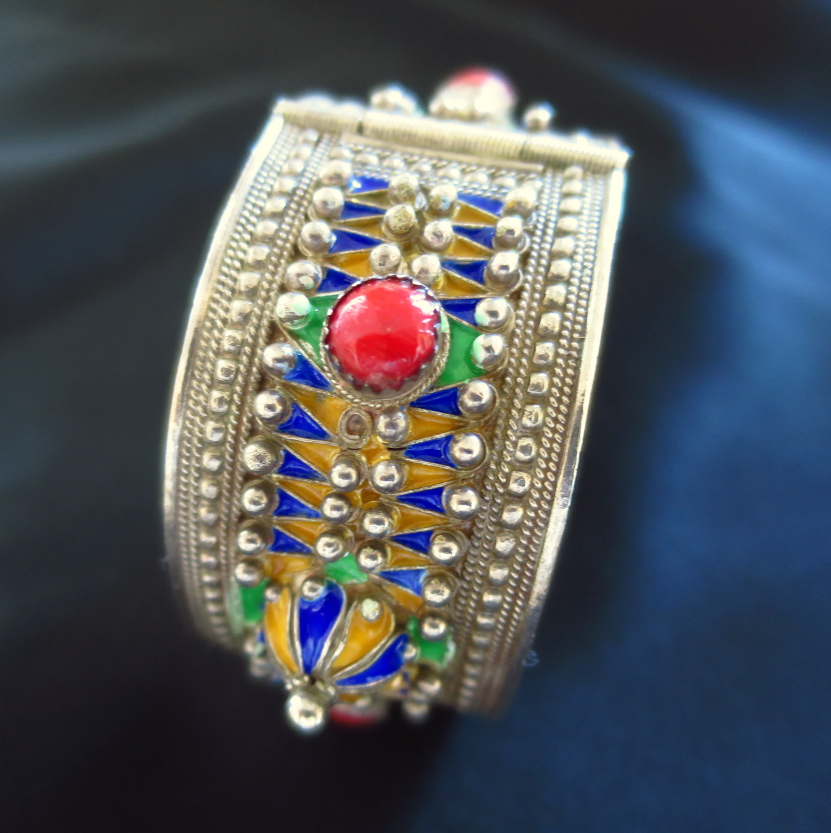 Berber Bracelet In Silver, Coral And Cloisonné Enamel