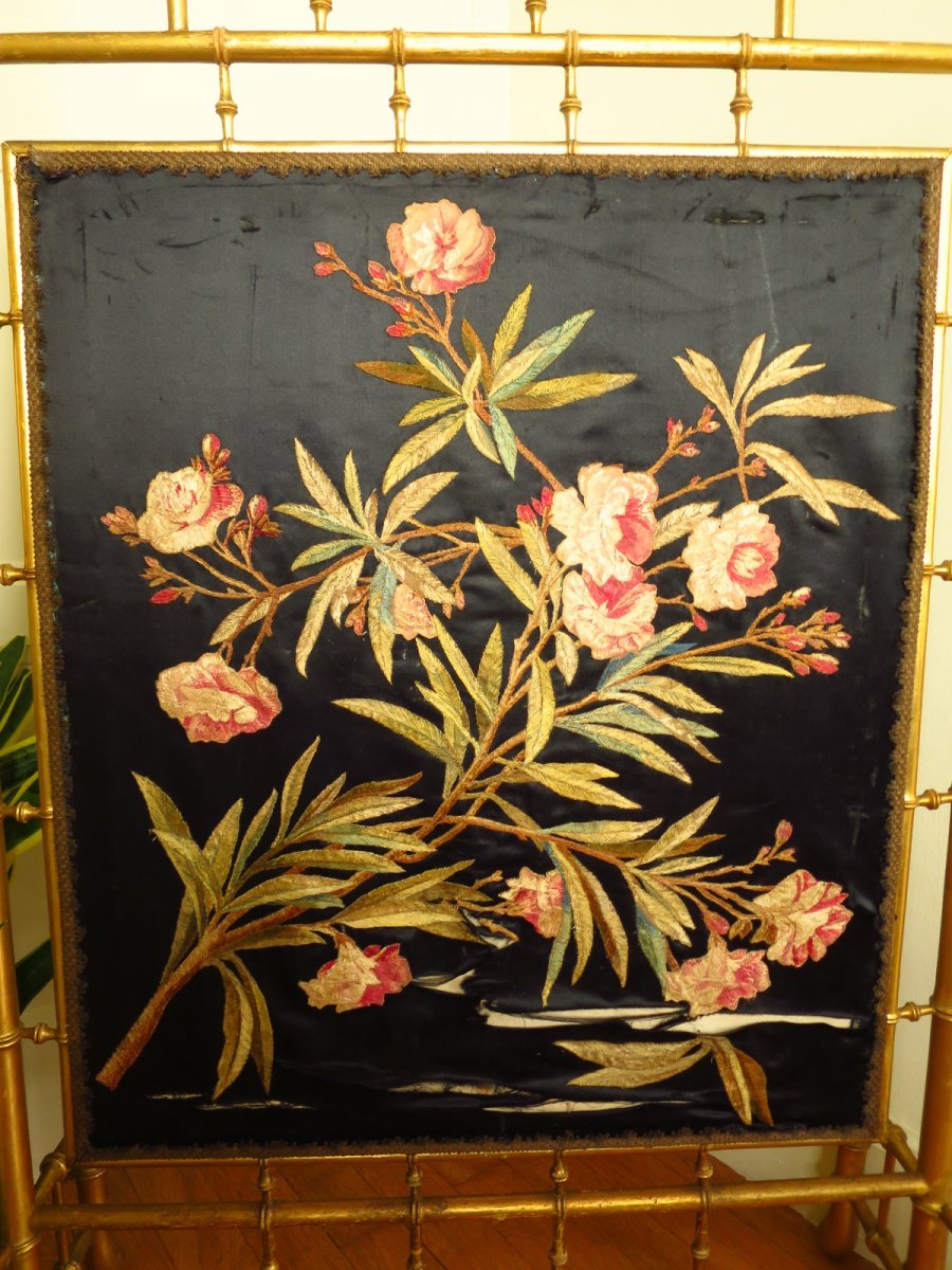 Firewall Napoleon III In Golden Wood Bamboo Way With Flower Embroidery-photo-2