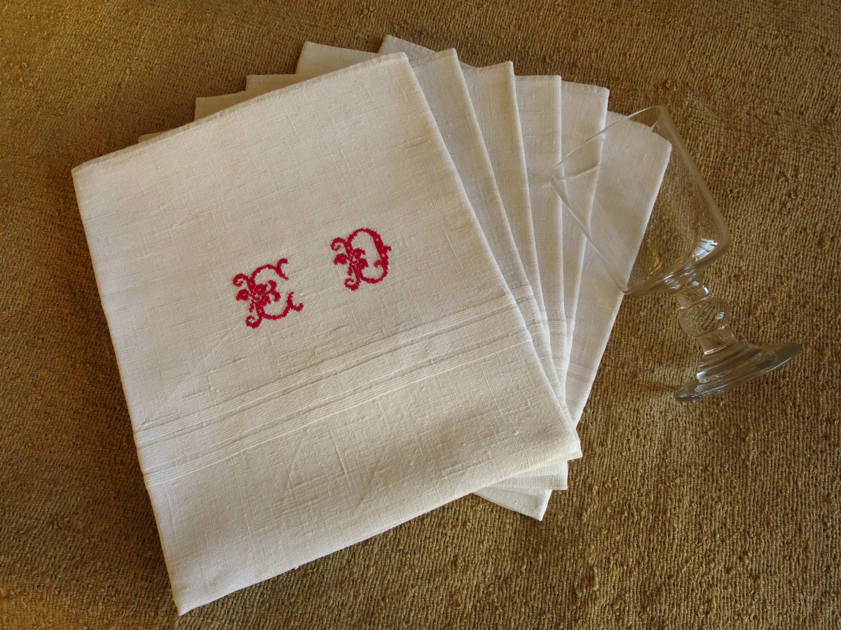 6 Large Glass Towels, Linen, Late 19th Century, French, Monogrammed Ed In Red-photo-2