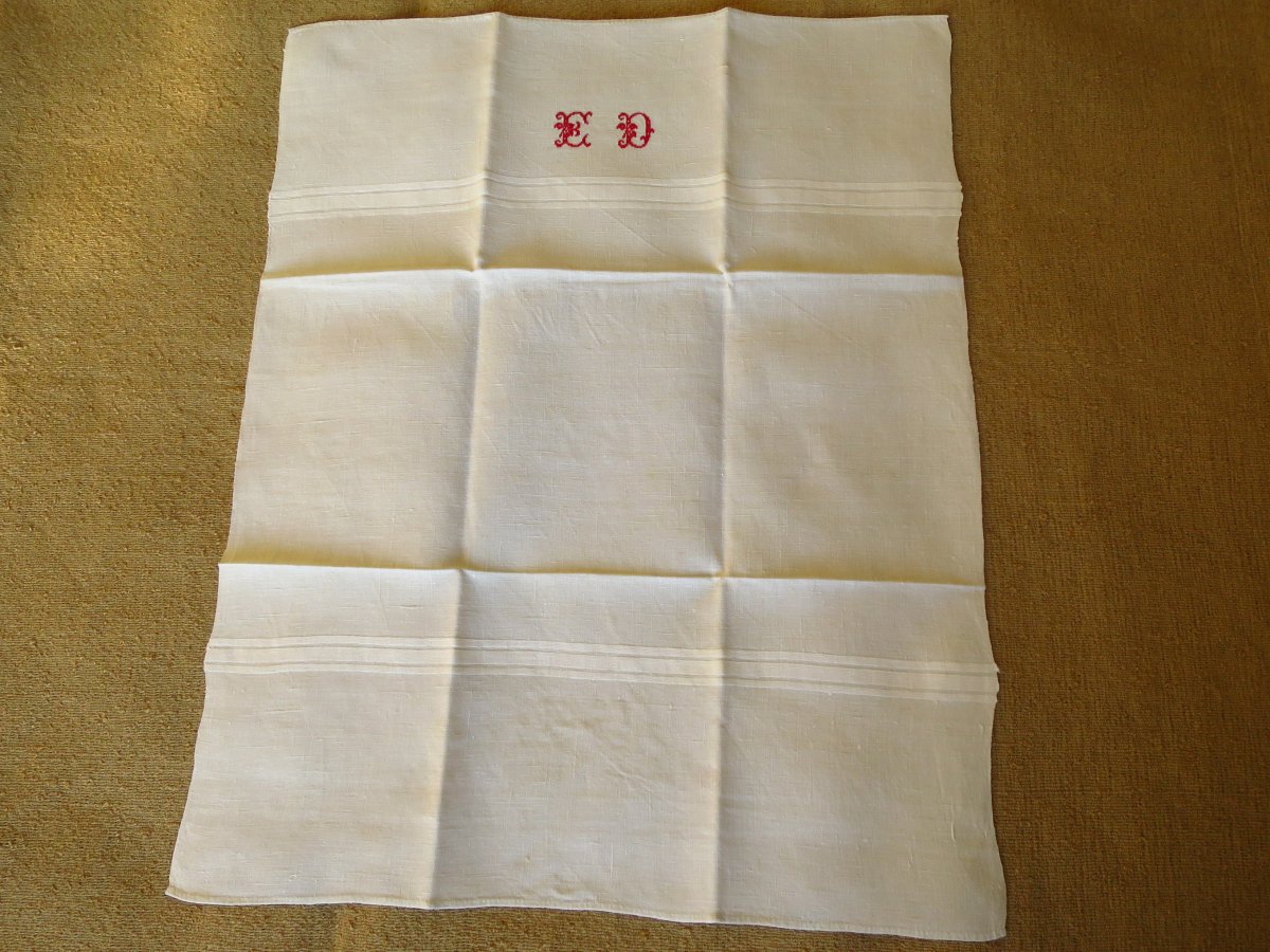 6 Large Glass Towels, Linen, Late 19th Century, French, Monogrammed Ed In Red-photo-4