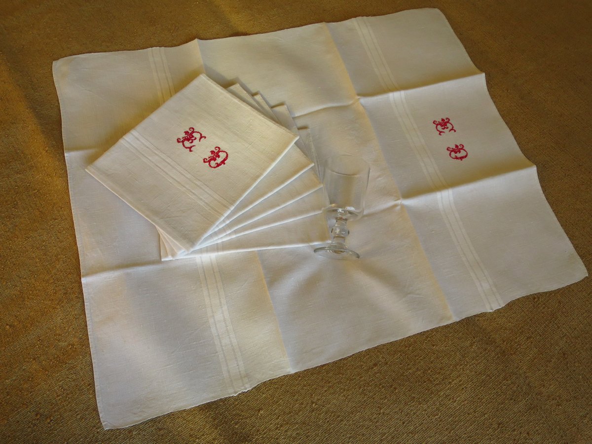 6 Large Glass Towels, Linen, Late 19th Century, French, Monogrammed Ed In Red-photo-1