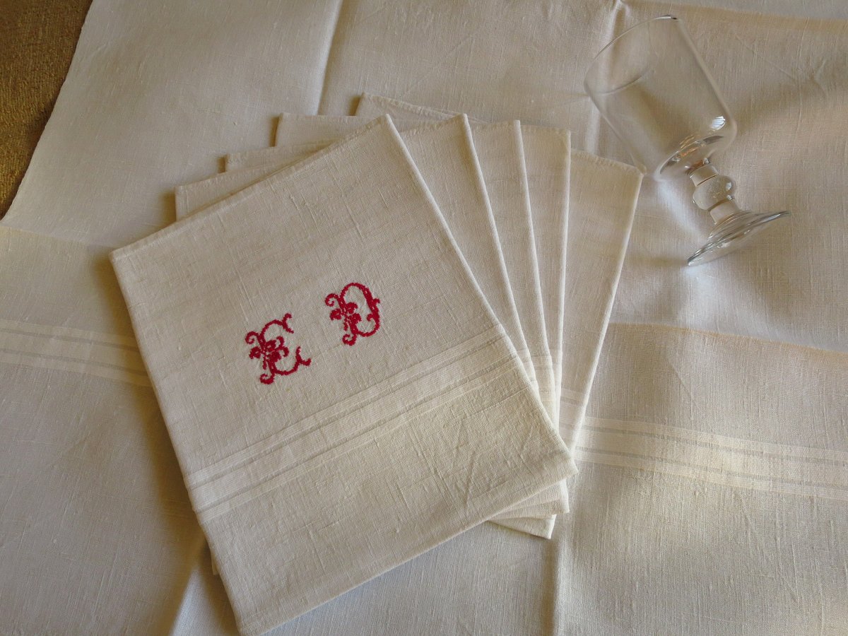 6 Large Glass Towels, Linen, Late 19th Century, French, Monogrammed Ed In Red-photo-2
