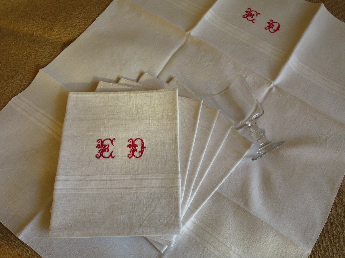 6 Large Glass Towels, Linen, Late 19th Century, French, Monogrammed Ed In Red