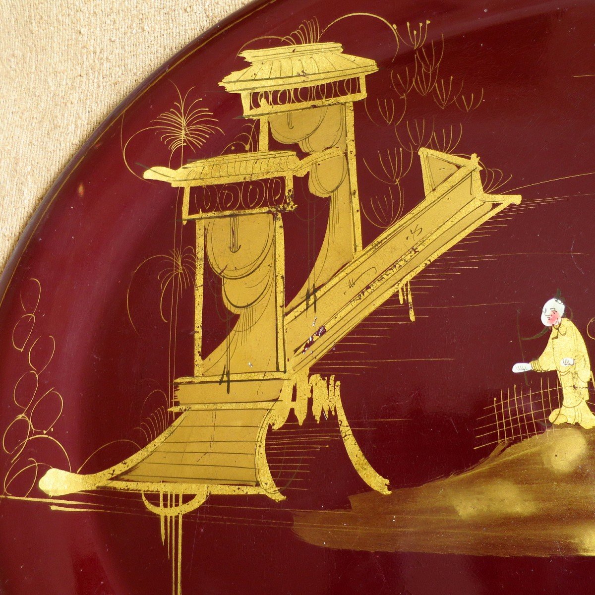 Large Oval Napoleon III Tray In Burgundy Lacquered Metal With Chinese Decoration-photo-3