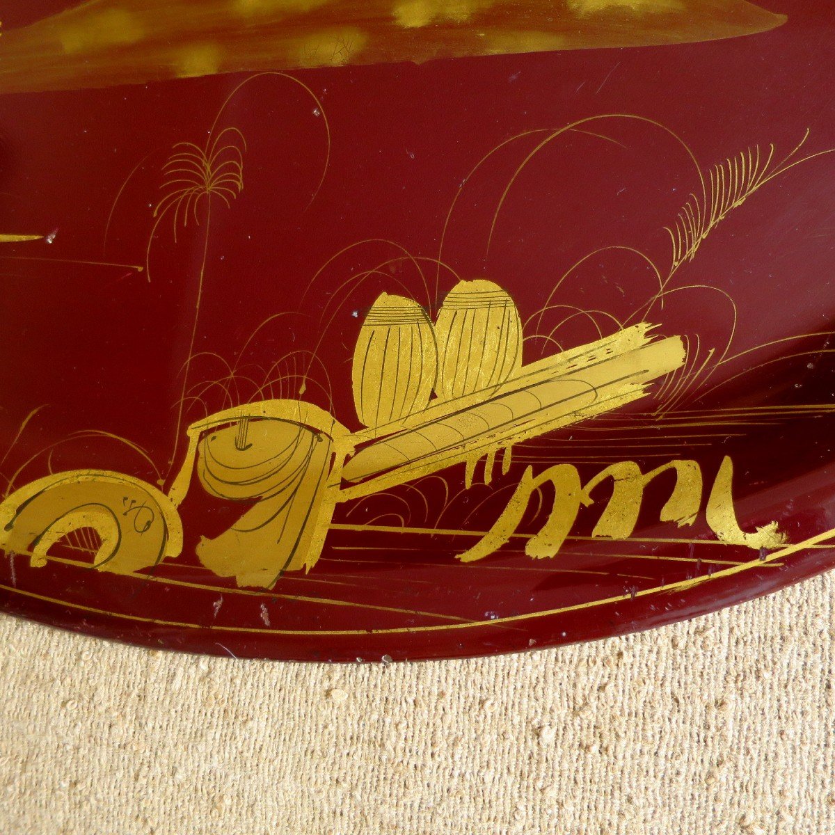 Large Oval Napoleon III Tray In Burgundy Lacquered Metal With Chinese Decoration-photo-1