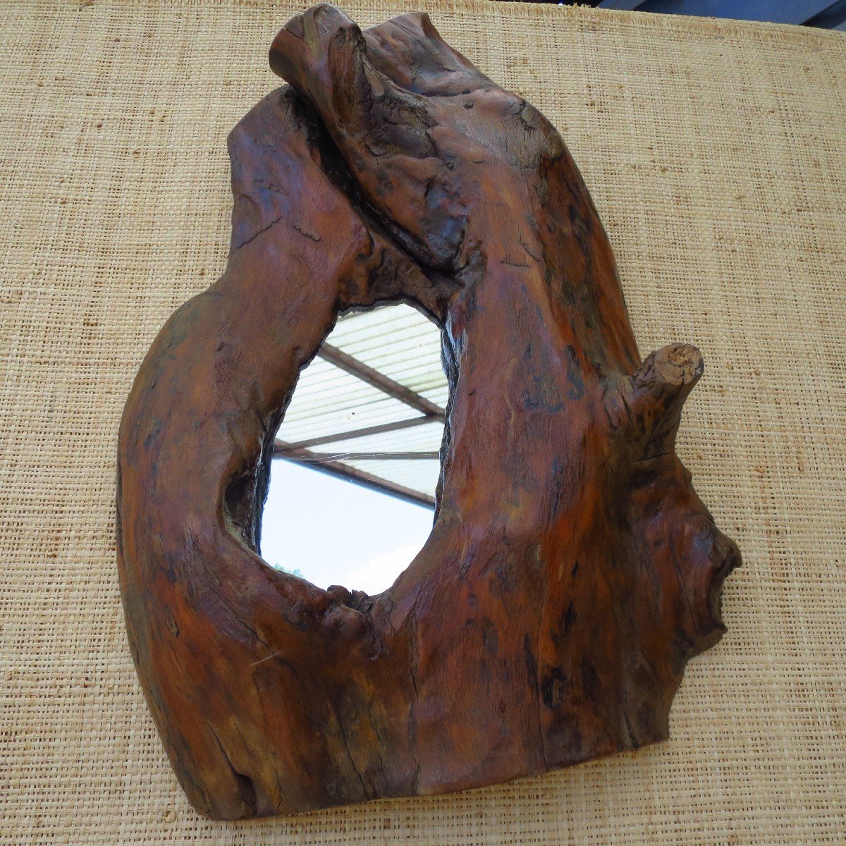 Miroir brutaliste en bois massif vers 1960-photo-3