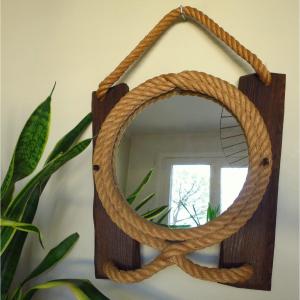 Brutalist Mirror In Wood And Rope Circa 1960 In The Style Of Audoux Minnet