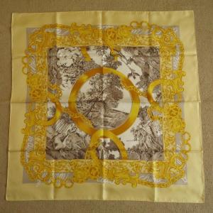 Céline Square Scarf In Silk, Yellow And Gray, "les Fables De La Fontaine", Vintage