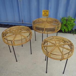 Nesting Tables In Rattan And Metal Circa 1950