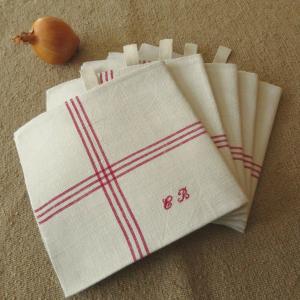 6 Linen Tea Towels With Red Batten Monogramming Cb