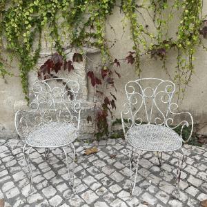 Pair Of Wrought Iron Garden Chairs, Early 20th Century