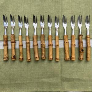 12 Bamboo And Stainless Steel Dessert Forks, Circa 1960