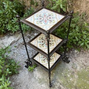 Cast-iron Shelf, Pedestal Table, Or Side Table With Enameled Shelves, 19th Century